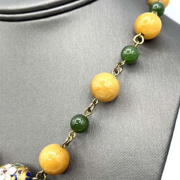 Yellow Jade & Green Nephrite Jade Cloisonne Beaded Carved Foo Dog Necklace 18" - Picture 6 of 12